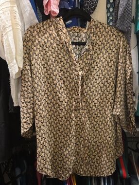 Tie-Neck Geo Print Blouse in Beige and Black